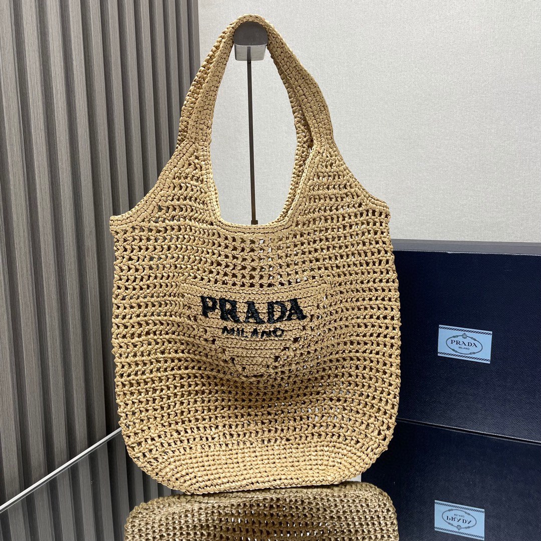 Prada Tassen Tote Tas Borduurwerk Raffia Zomercollectie Strand