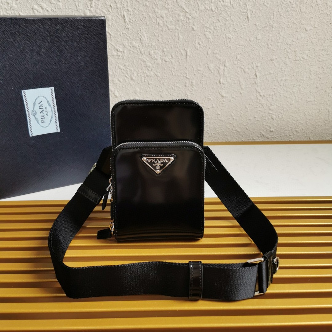Prada Black Leather Phone Bag with Woven Nylon Strap - Unisex Style 2 a1743485978245 2283