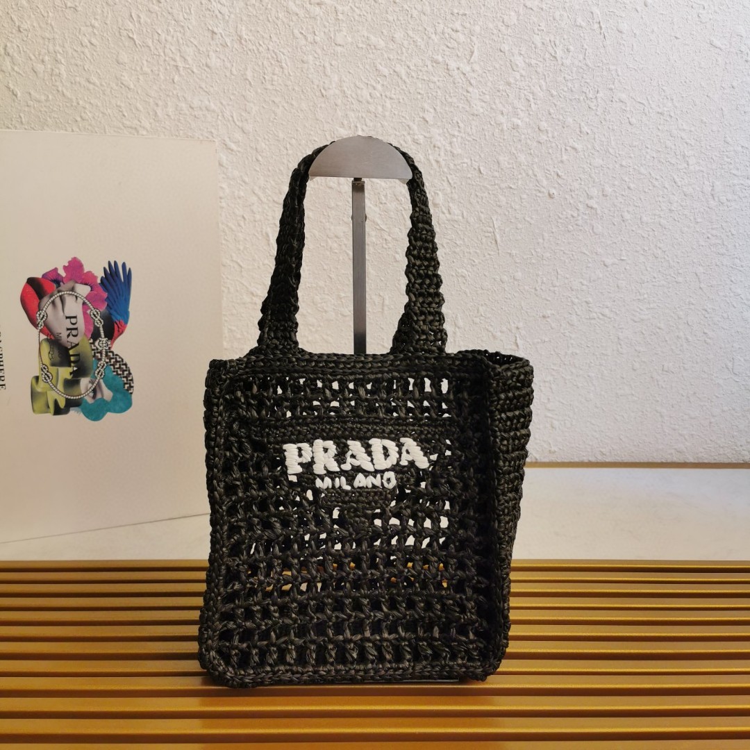 Prada Raffia Tote Bag, Handmade Mini Shopper, Summer Beach Bag 22cm 2 a1743662891684 0536