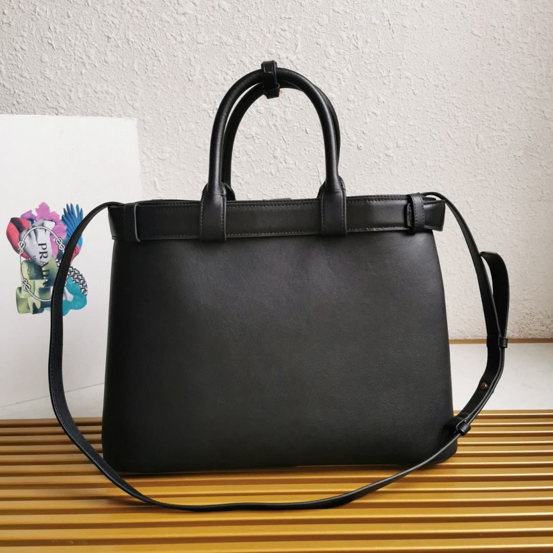 Prada Double Bag Leather Shopping Bag, 38CM, Adjustable Strap, Black 4 a1744090612667 0138