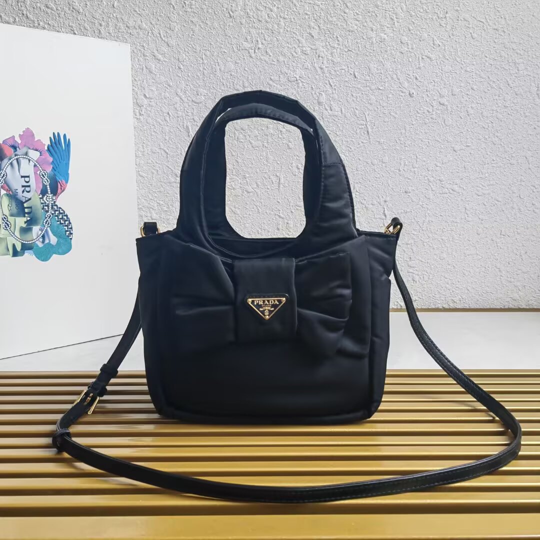 Prada Re-Nylon Small Basket Bag with Bow, Black, 18 x 15.5 x 10 cm 1 Prada Re-Nylon Small Basket Bag with Bow, Black, 18 x 15.5 x 10 cm