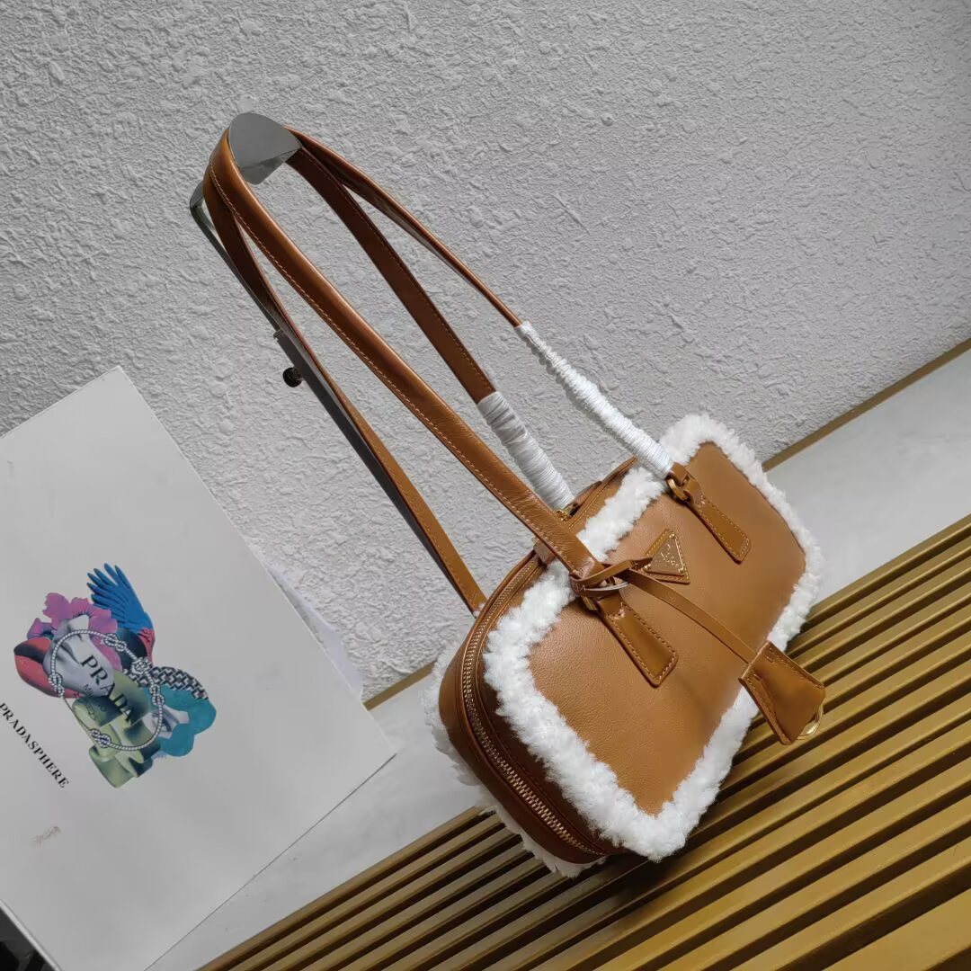 Prada Shearling Trim Leather Handbag, 27cm - Stylish & Functional 3 a1744352364594 5441