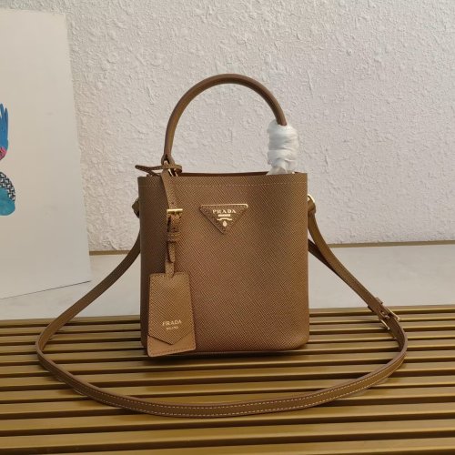 Prada Saffiano Leather Mini Bucket Bag with Detachable Strap,Camel