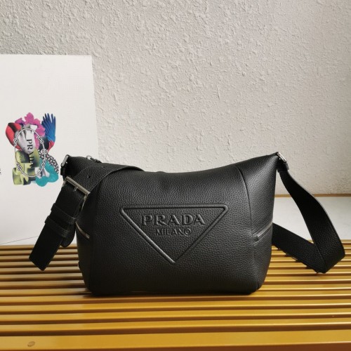 Prada Black Leather Messenger Bag with Triangle Logo - 26x23x11cm 1 Prada Black Leather Messenger Bag with Triangle Logo - 26x23x11cm