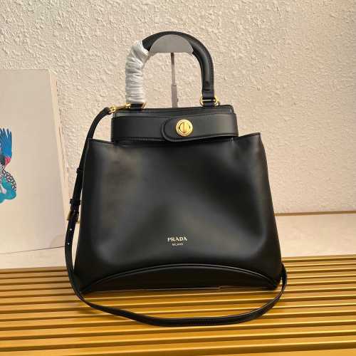 Prada Carey Medium Tote Bag 1BG567 Black Leather, Top Handle and Turn-Lock