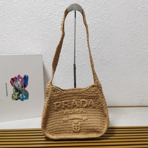 Prada Raffia Crochet Shoulder Bag, Fashionable and Durable, 33×22×6cm