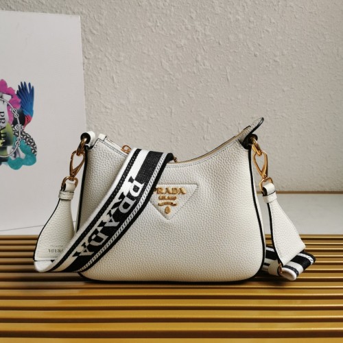 PRADA 1BH193 White Leather Crossbody Bag with Logo Jacquard Shoulder Strap