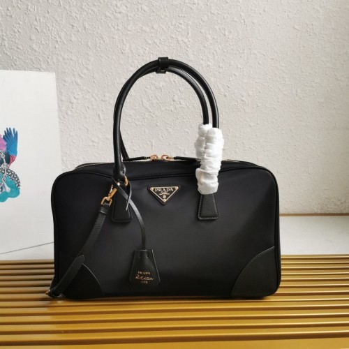 Prada 1BB114 Large Handbag with Strap - Black Recycled Nylon & Saffiano Leather