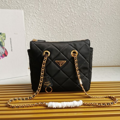 PRADA Vintage Quilted Nylon Shoulder Bag, Black and Gold Chain, Large Capacity 1 PRADA Vintage Quilted Nylon Shoulder Bag, Black and Gold Chain, Large Capacity