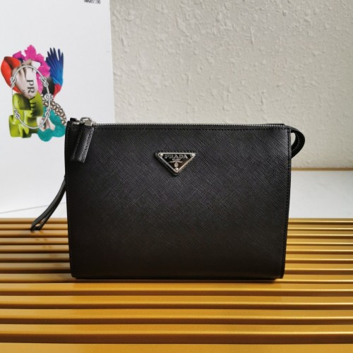 Prada Saffiano Leather Men's Clutch with Metal Logo, Detachable Strap