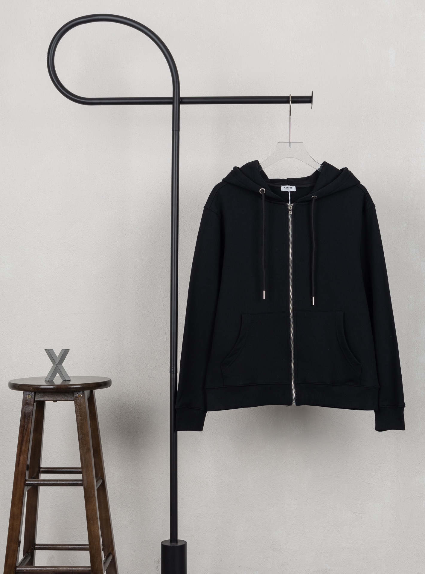 Modelo XB063 CELINE sudadera con capucha y cremallera con letras y estampado, tejido de 400g de felpa de alto…