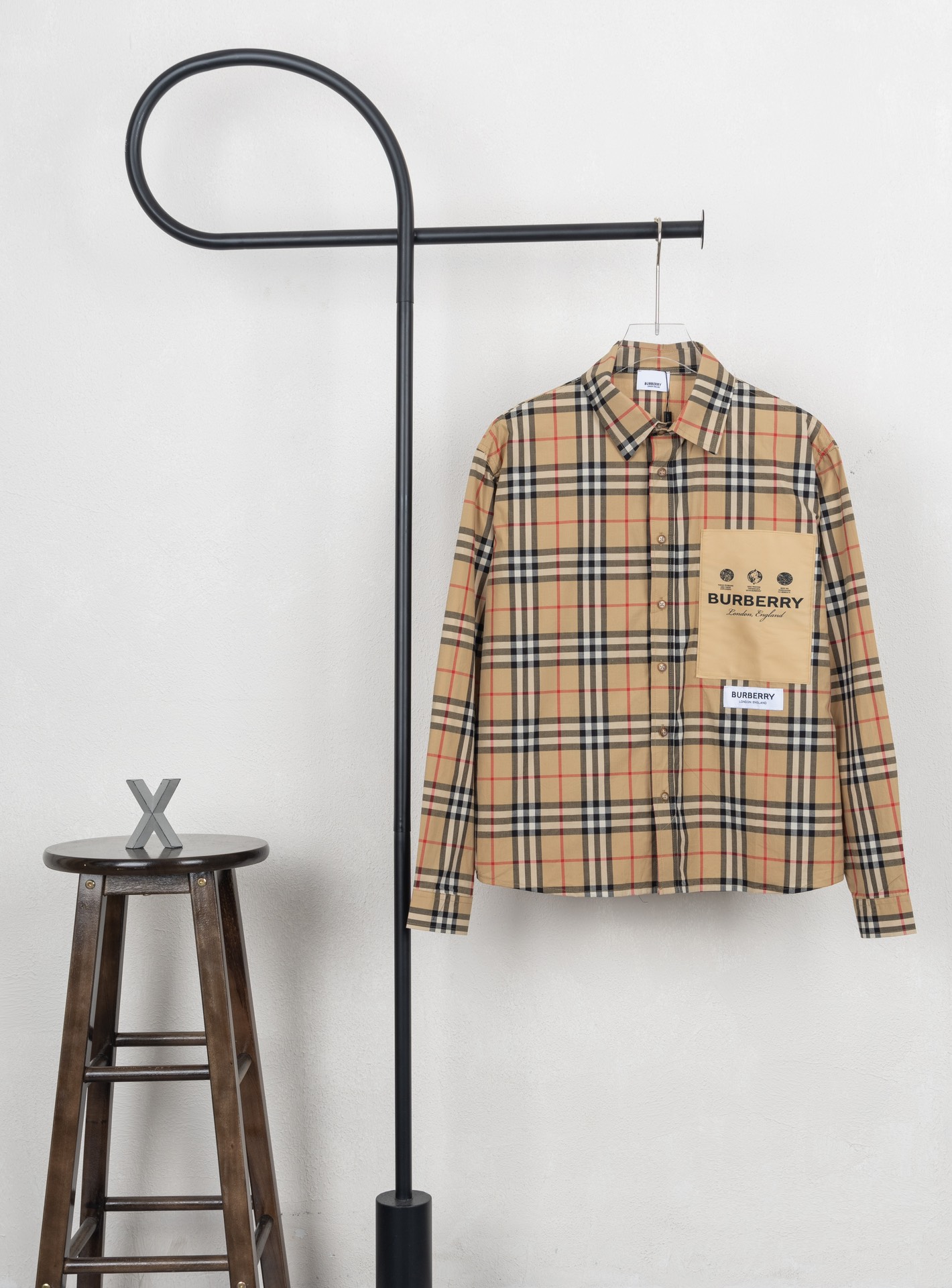 BURBERRY camisa de cuadros con etiqueta de tela en el pecho, estampado quemado posicionado, molde original, réplica 1:1…
