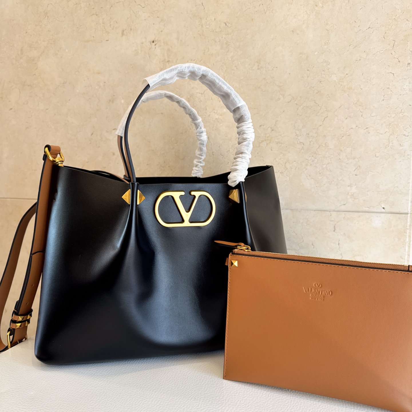 Valentino Black V Logo Tote Bag