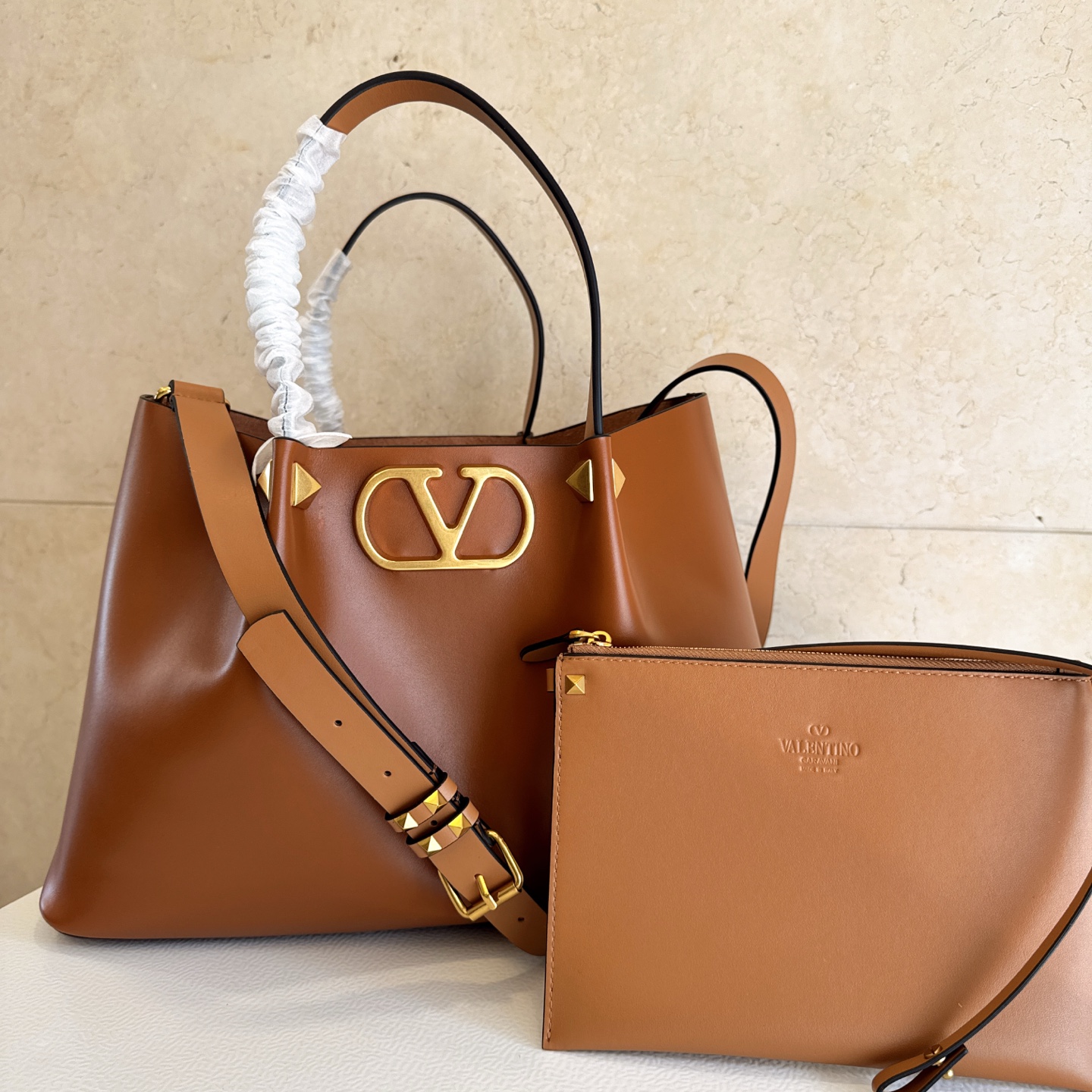 Valentino Brown V Logo Tote Bag
