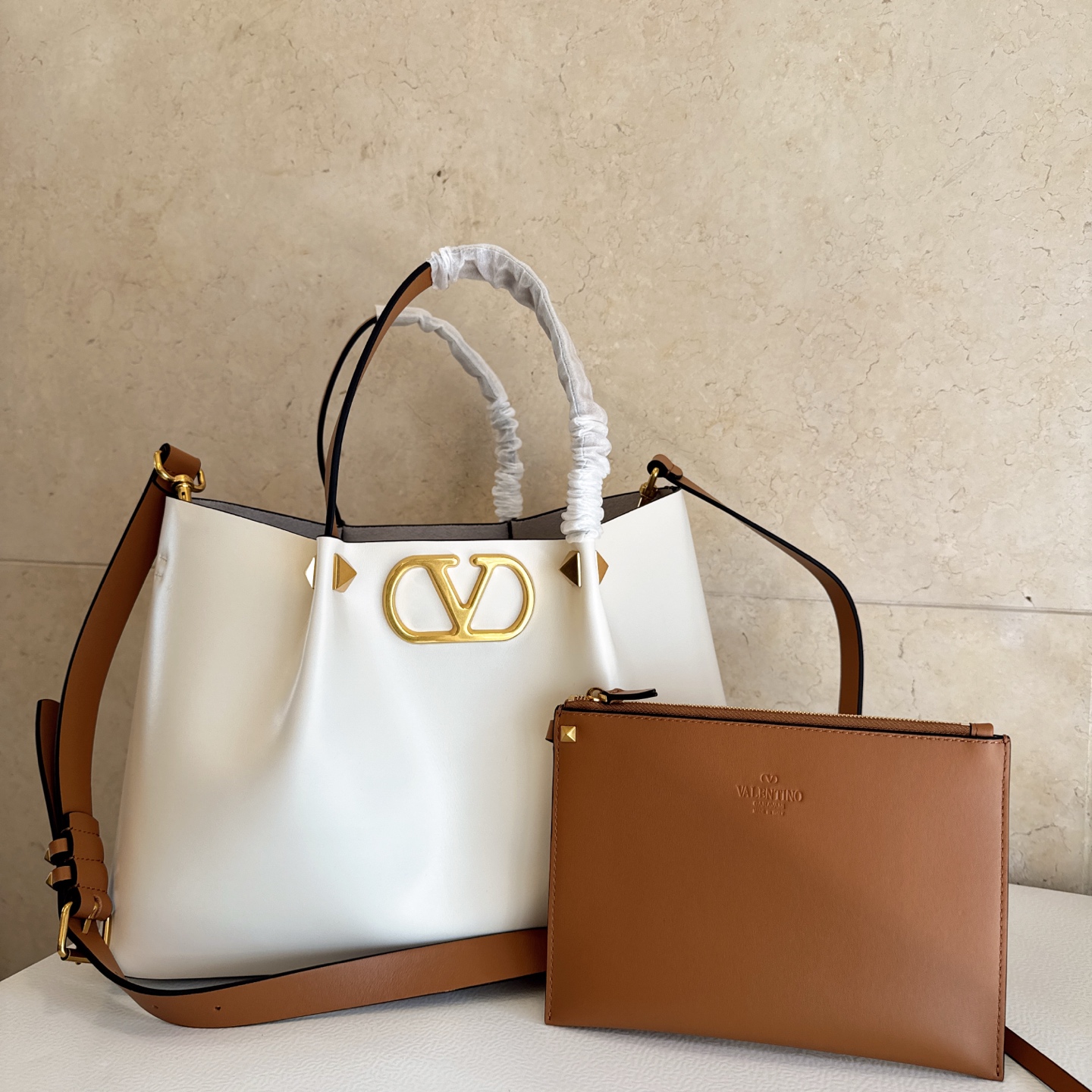 Valentino White and Tan V Logo Tote Bag