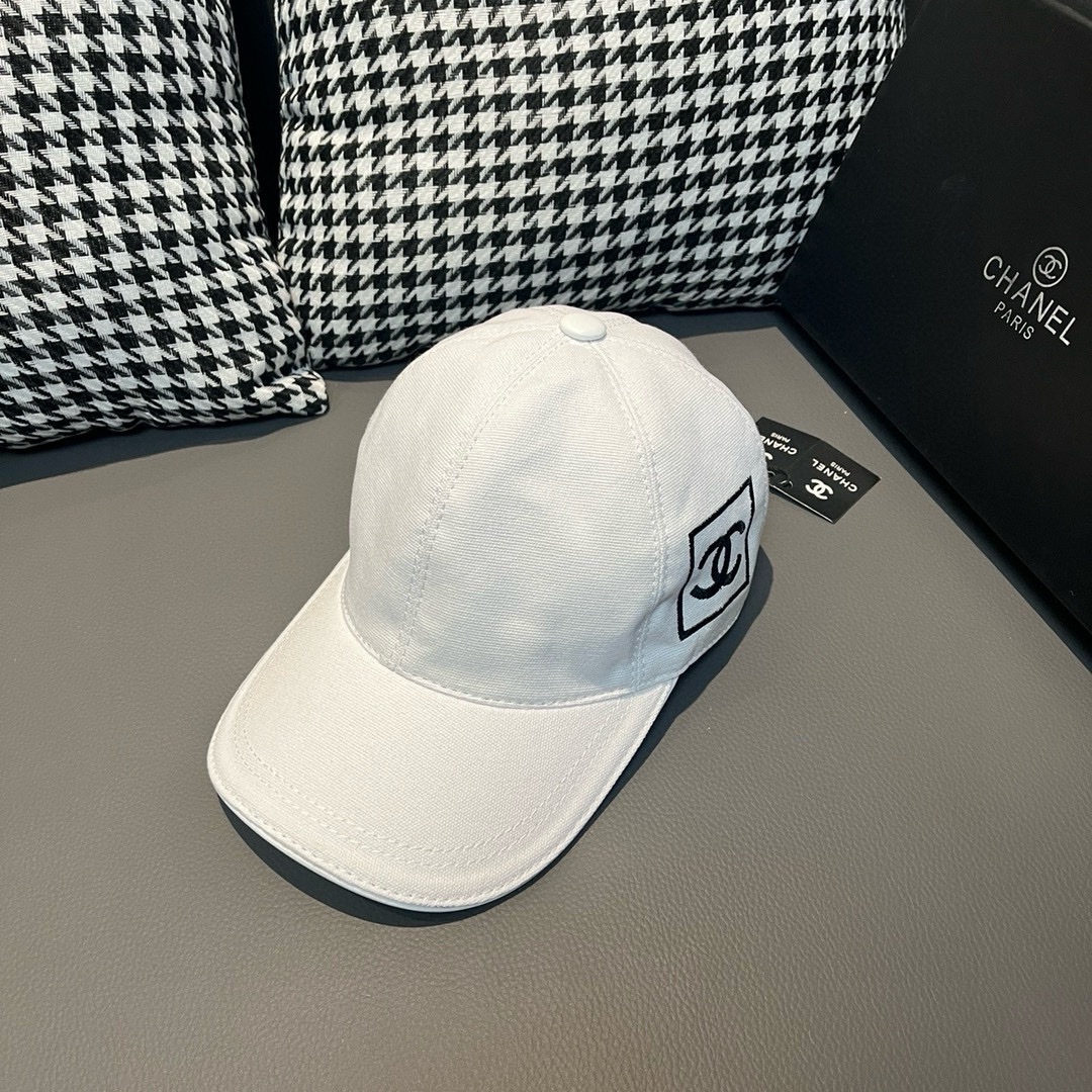 Chanel Sombreros Gorras Negro Blanco Bordado Lona Cuero de vaca