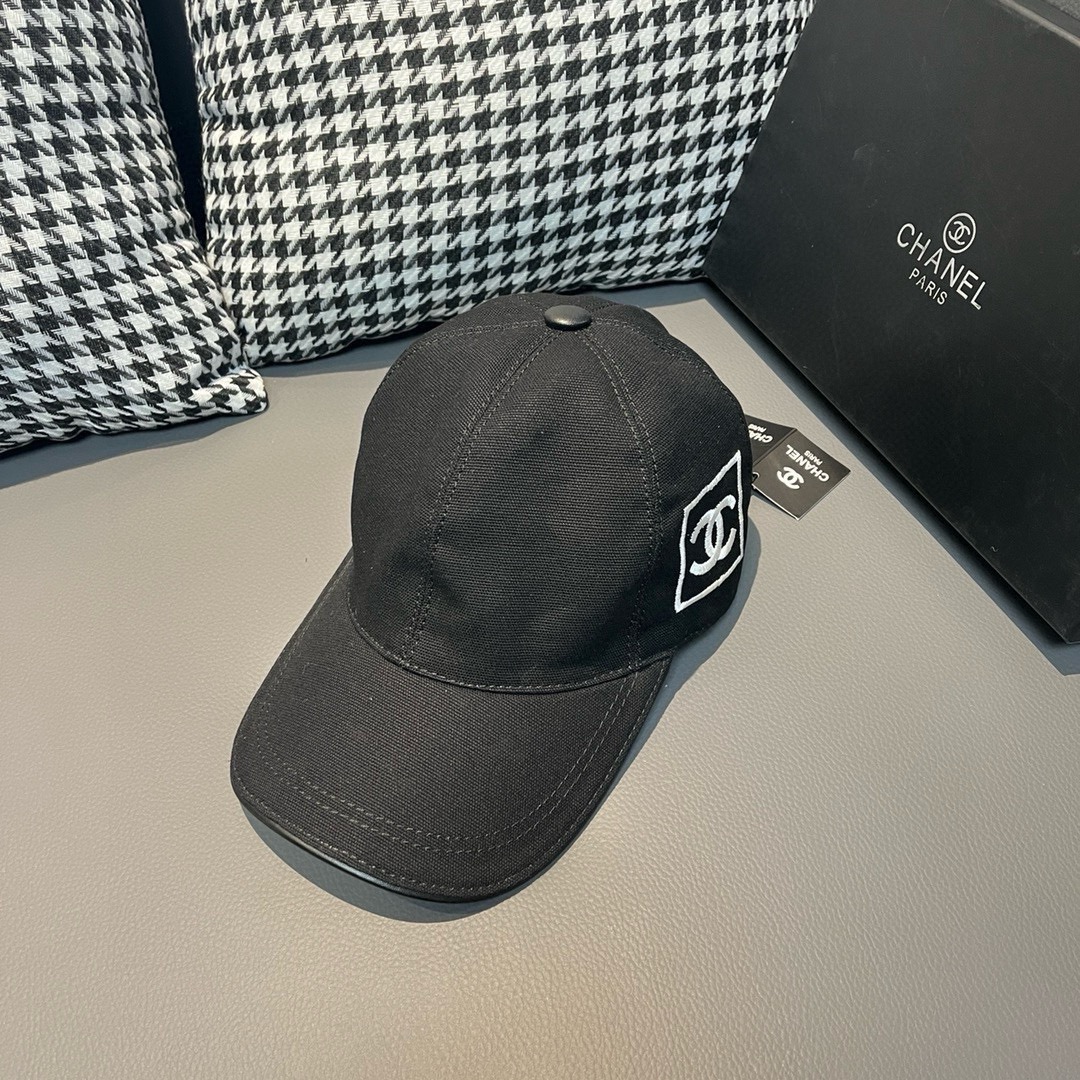 Chanel Sombreros Gorras Negro Blanco Bordado Lona Cuero de vaca