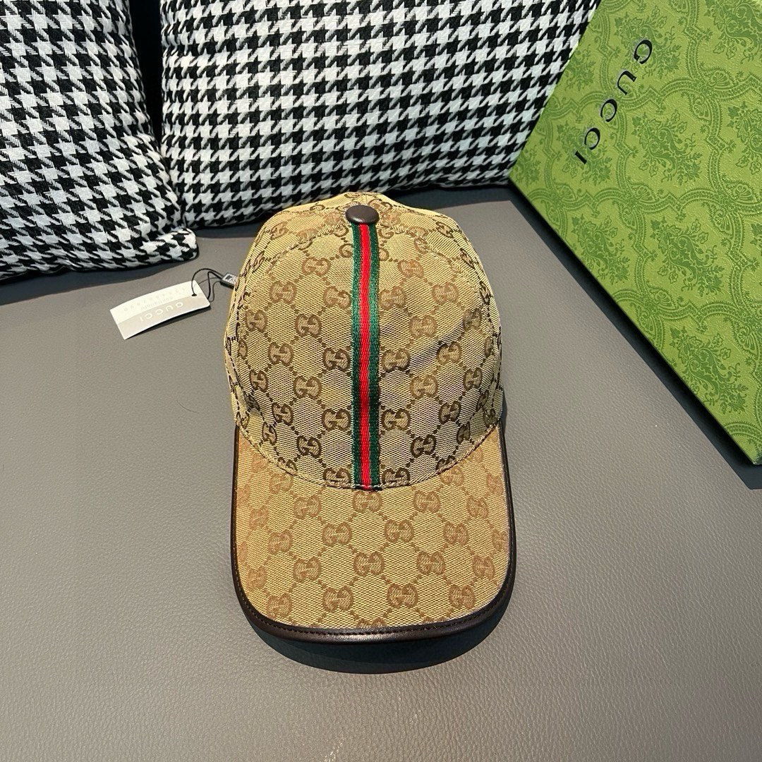 配包装布袋Gucci古奇经典原单棒球帽竖条小织带1:1开模订制原版帆布料+头层牛皮真皮包边帅气时尚代购热