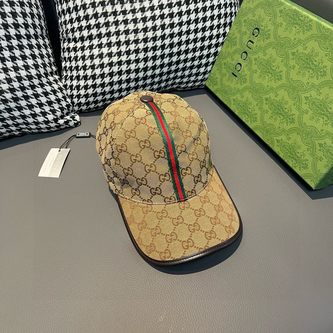 配包装布袋Gucci古奇经典原单棒球帽竖条小织带1:1开模订制原版帆布料+头层牛皮真皮包边帅气时尚代购热