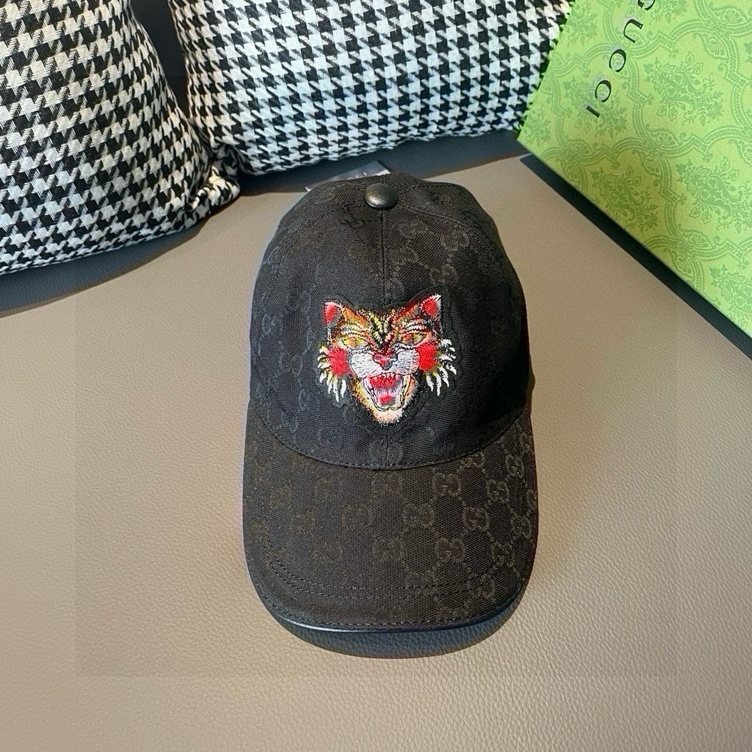 配盒子布袋Gucci古奇新款原单棒球帽猫头刺绣1:1开模订制重工刺绣细节可媲美专柜原版帆布料+头层牛皮质