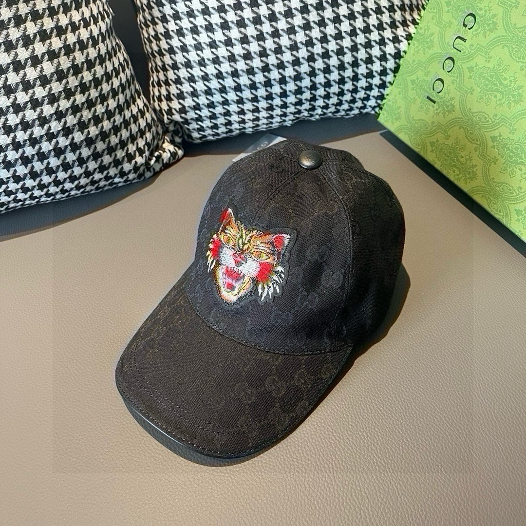 配盒子布袋Gucci古奇新款原单棒球帽猫头刺绣1:1开模订制重工刺绣细节可媲美专柜原版帆布料+头层牛皮质
