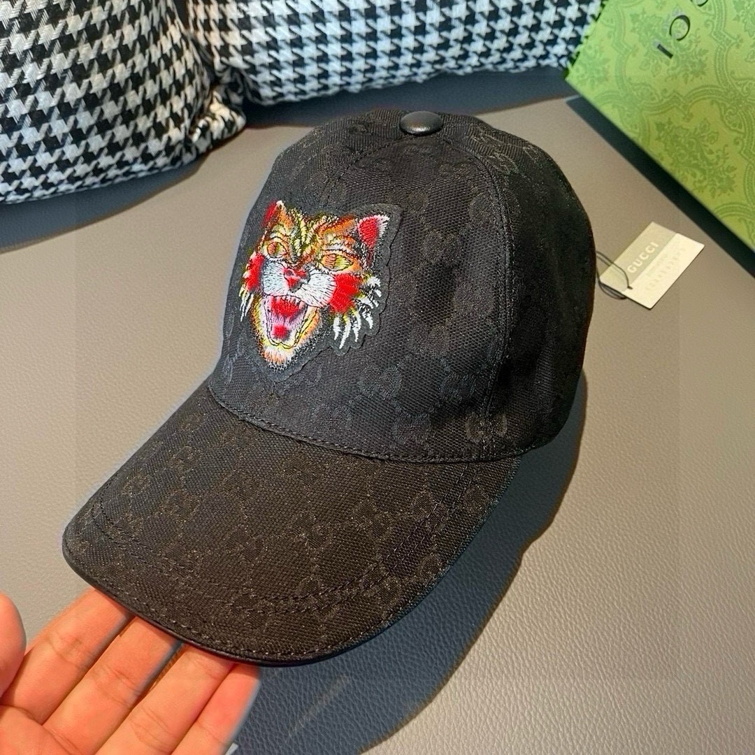 配盒子布袋Gucci古奇新款原单棒球帽猫头刺绣1:1开模订制重工刺绣细节可媲美专柜原版帆布料+头层牛皮质