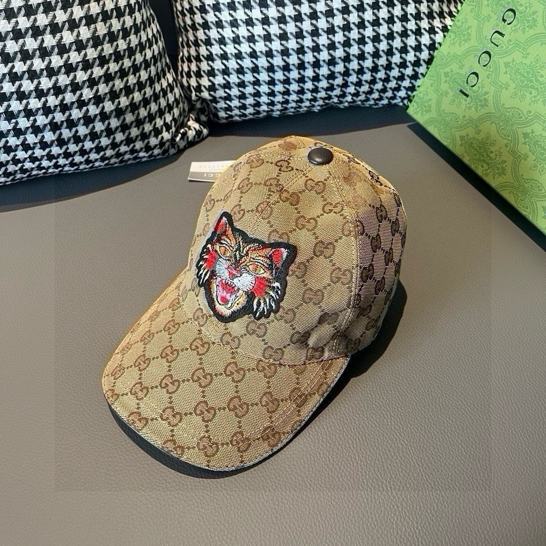 配盒子布袋Gucci古奇新款原单棒球帽猫头刺绣1:1开模订制重工刺绣细节可媲美专柜原版帆布料+头层牛皮质