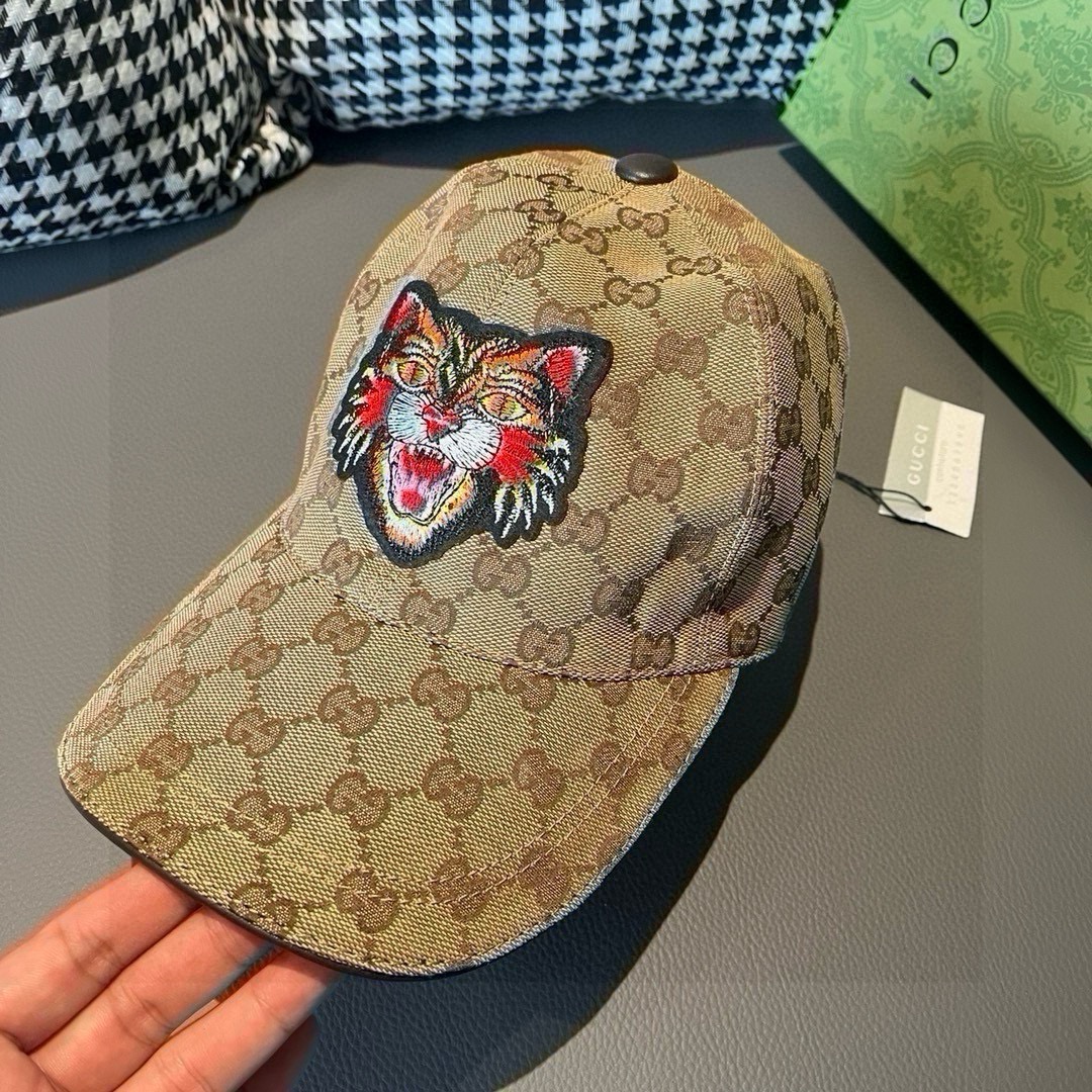 配盒子布袋Gucci古奇新款原单棒球帽猫头刺绣1:1开模订制重工刺绣细节可媲美专柜原版帆布料+头层牛皮质
