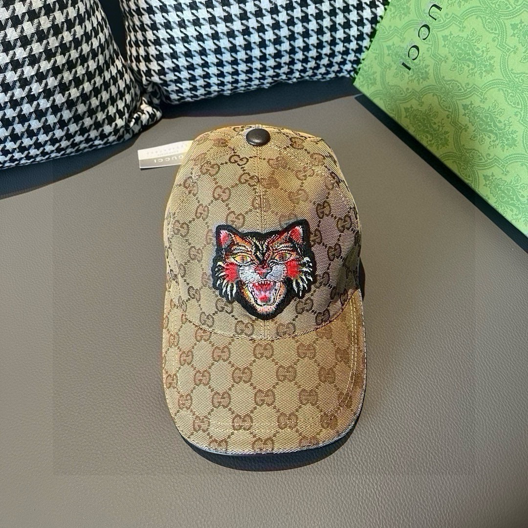 配盒子布袋Gucci古奇新款原单棒球帽猫头刺绣1:1开模订制重工刺绣细节可媲美专柜原版帆布料+头层牛皮质