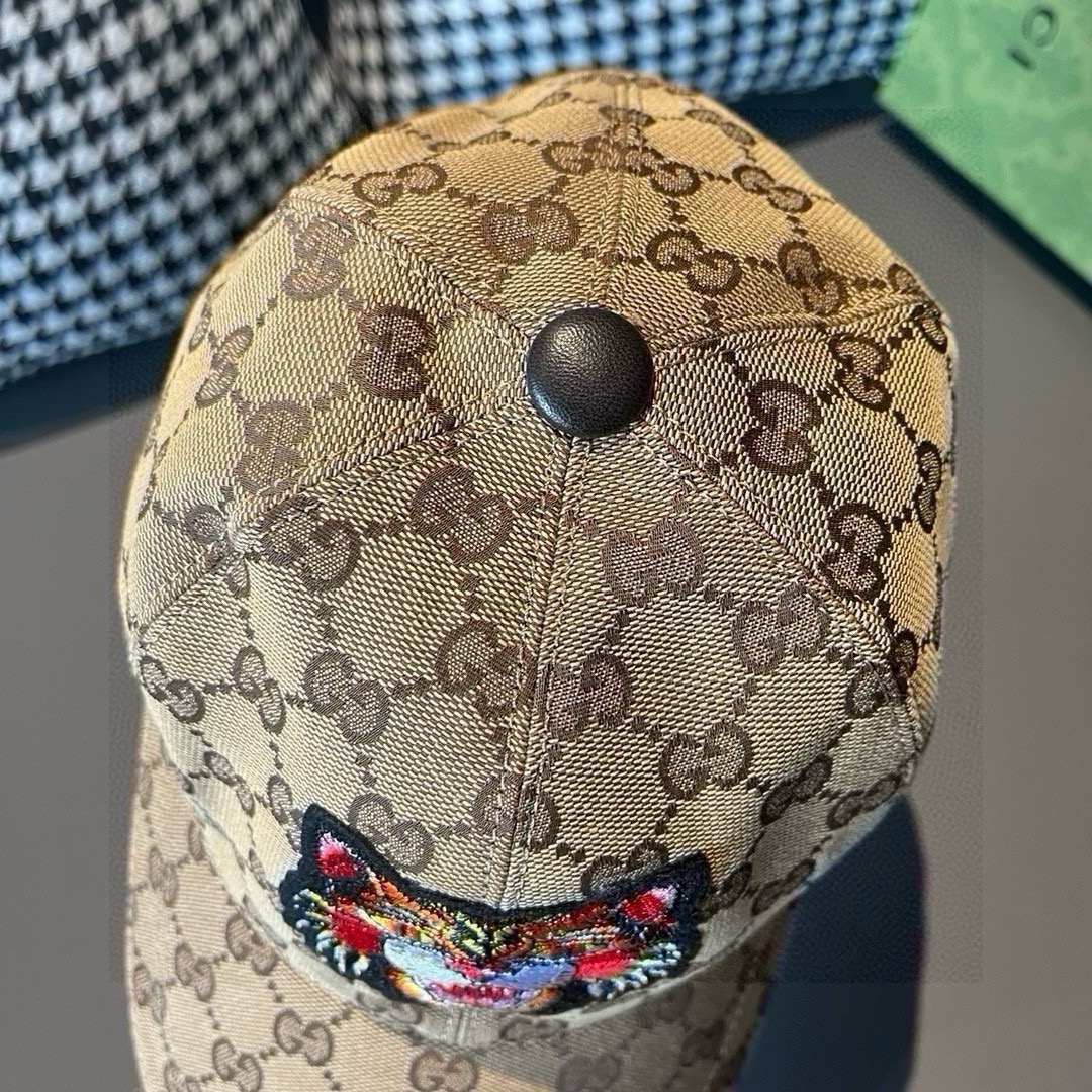 配盒子布袋Gucci古奇新款原单棒球帽猫头刺绣1:1开模订制重工刺绣细节可媲美专柜原版帆布料+头层牛皮质