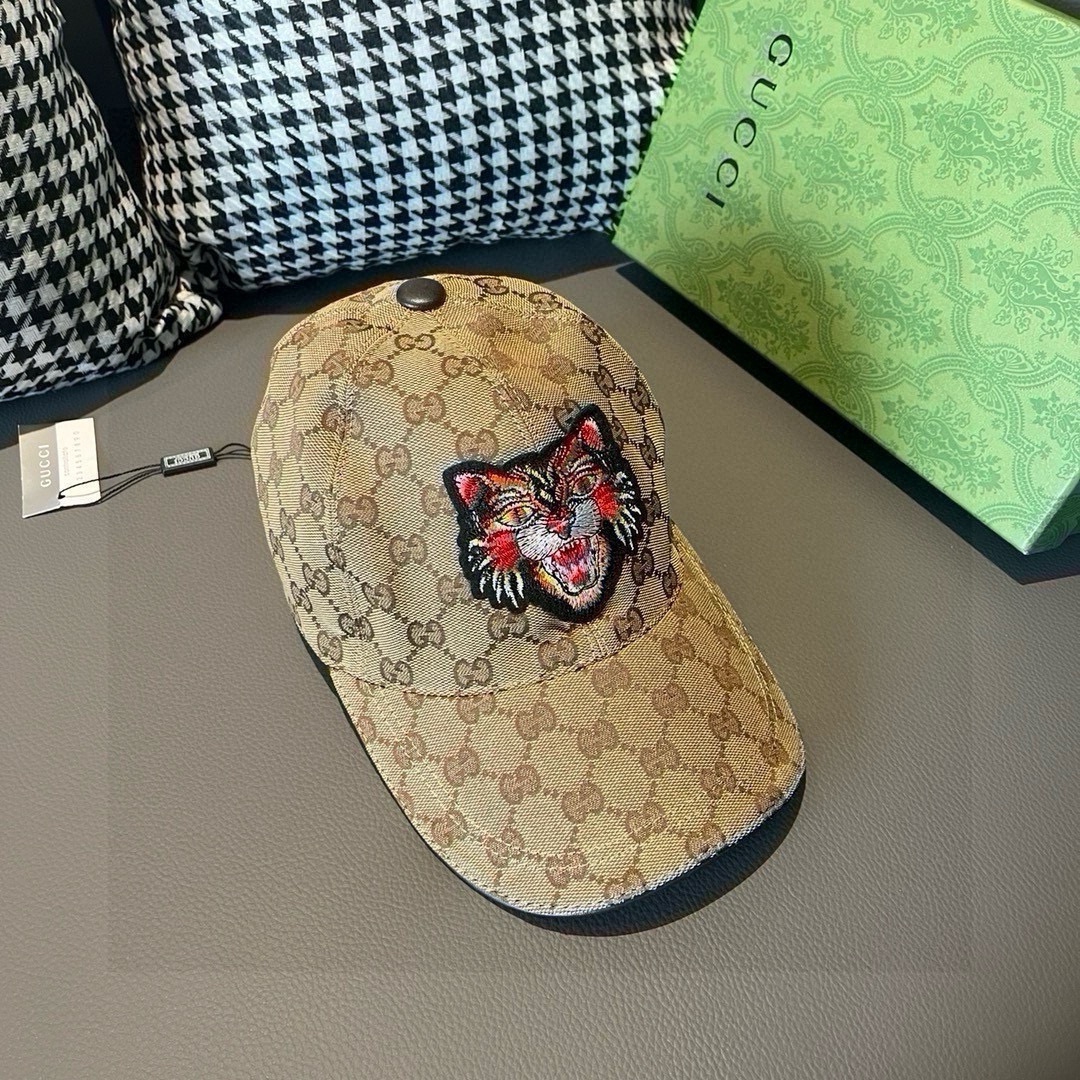 配盒子布袋Gucci古奇新款原单棒球帽猫头刺绣1:1开模订制重工刺绣细节可媲美专柜原版帆布料+头层牛皮质