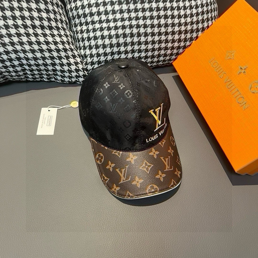 配盒子布袋LV路易威登新款原单棒球帽老花拼接1:1开模订制原版印花绸缎面料+专柜老花皮做工细致完美质量超