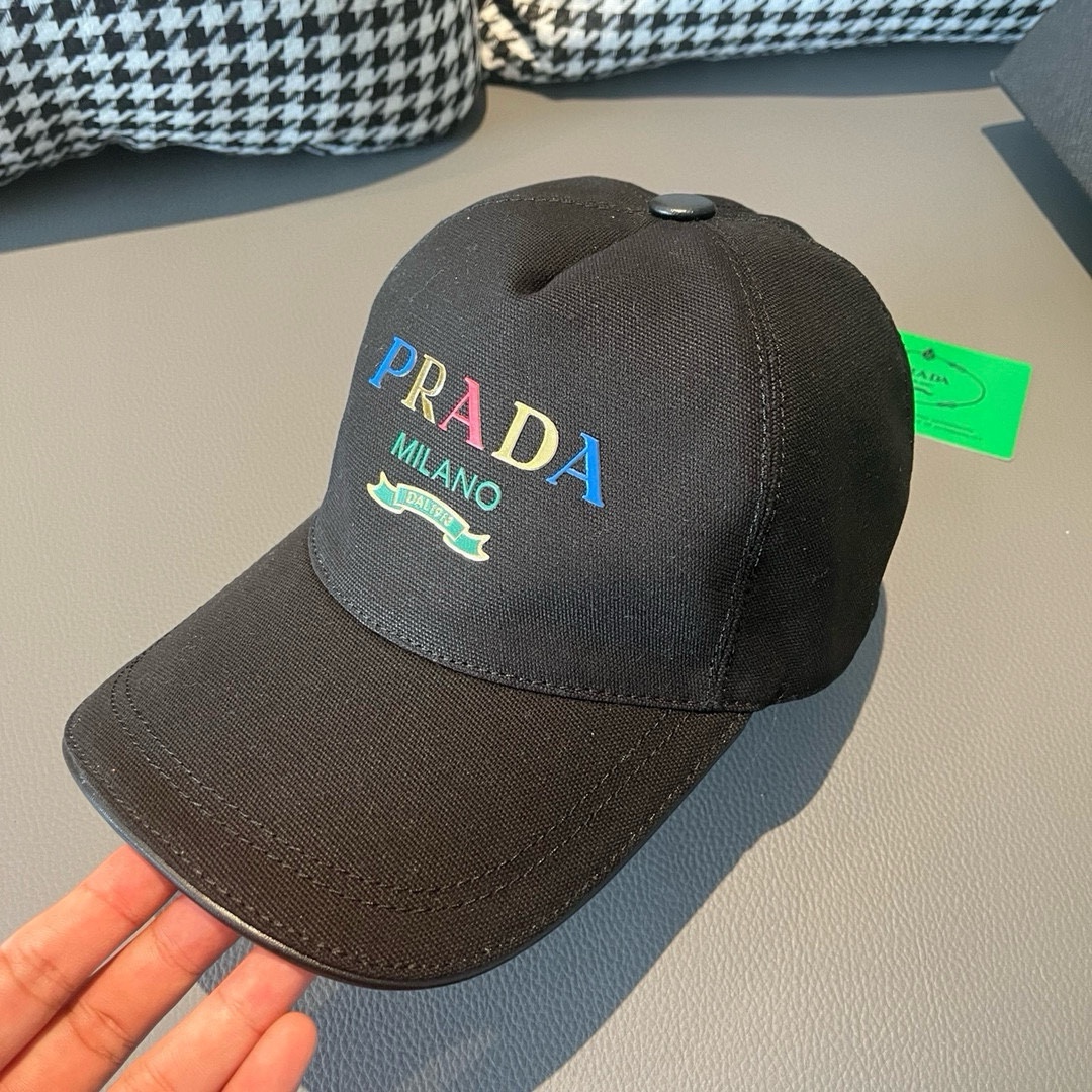 配盒子布袋Prada普拉达新款原单棒球帽印字logo专柜1:1开模订制原版帆布布料+头层牛皮轻盈透气！质