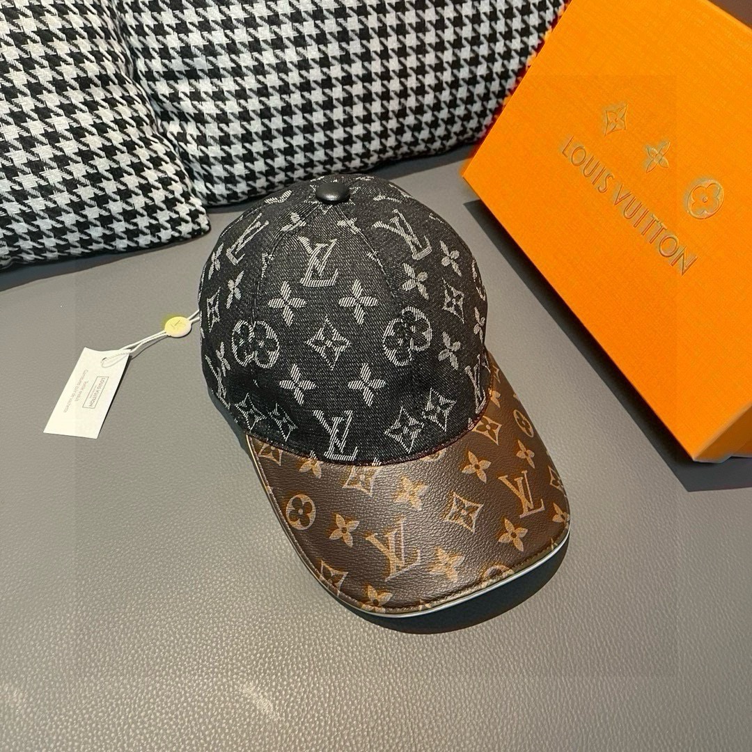 配盒子布袋LV路易威登新款原单棒球帽老花拼接1:1开模订制原版牛仔布料+专柜老花皮做工细致完美质量超赞基