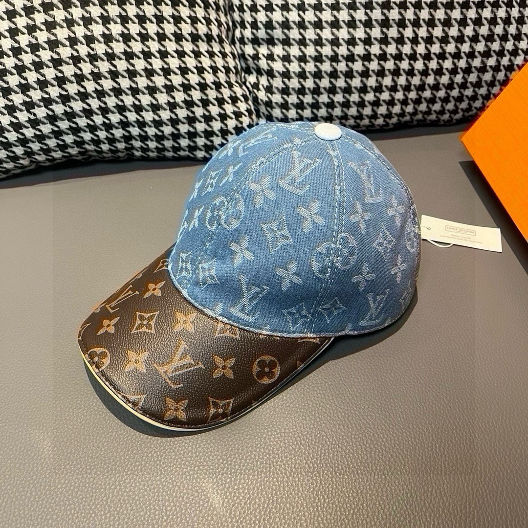 配盒子布袋LV路易威登新款原单棒球帽老花拼接1:1开模订制原版牛仔布料+专柜老花皮做工细致完美质量超赞基