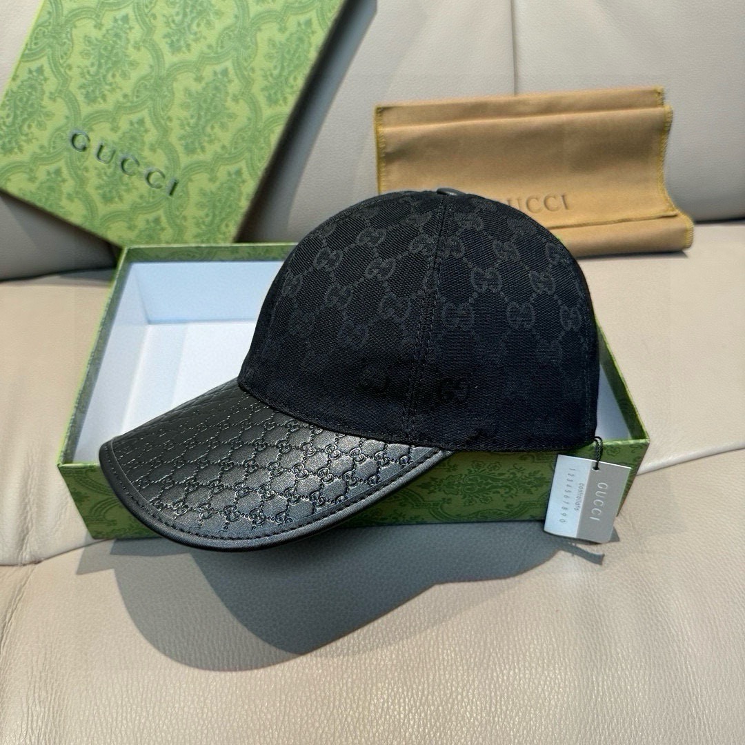 Gucci 配盒子布袋 Gucci(古奇) 棒球帽 小双G牛皮拼接 1:1开模订制 质量超赞 帽檐头层牛皮压花