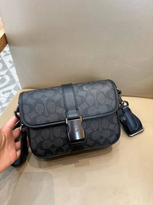 Coach League 19 Monogrammed Crossbody Bag, Black Leather, Adjustable Strap 1 Coach League 19 Monogrammed Crossbody Bag, Black Leather, Adjustable Strap