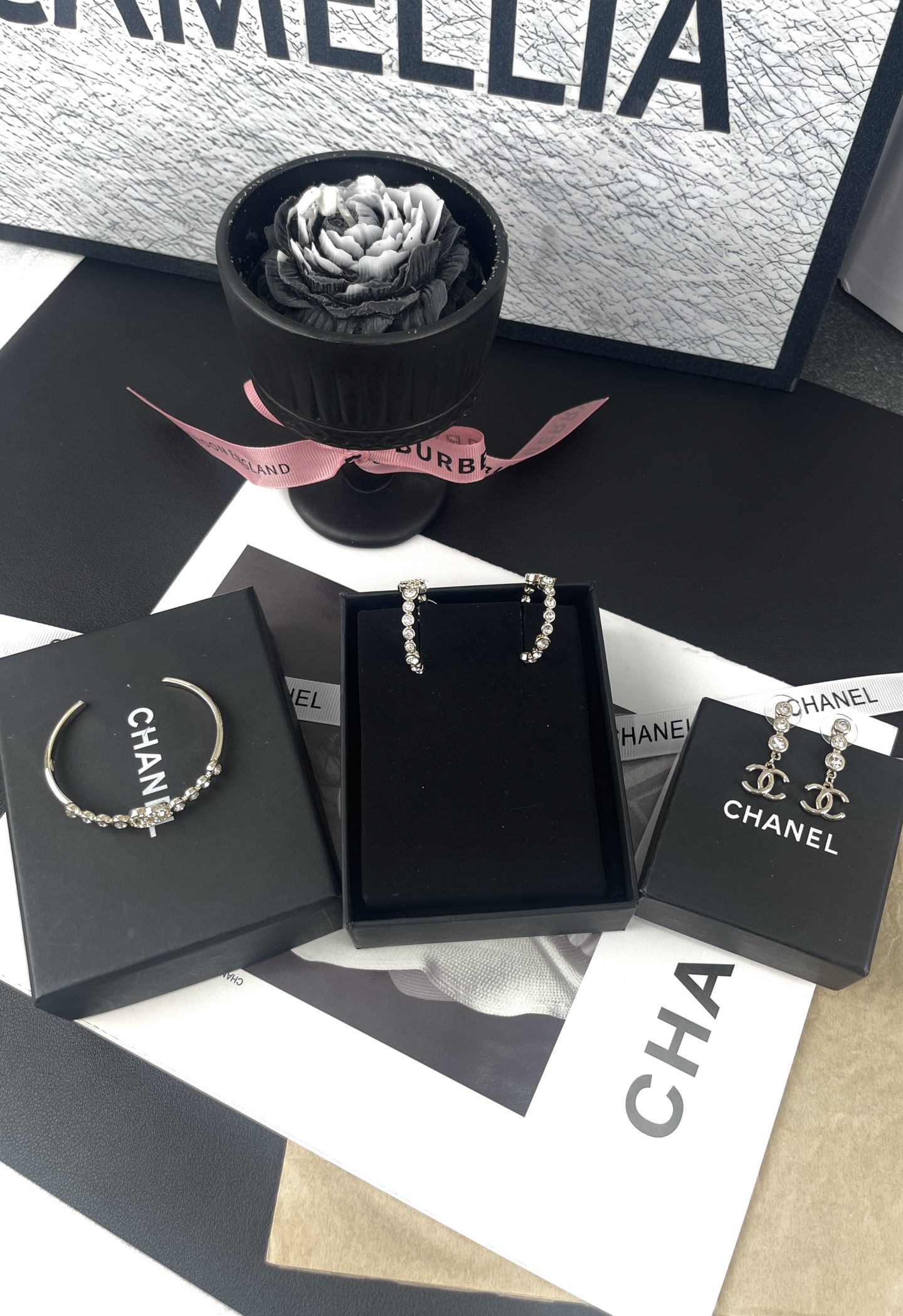 CHANEL Bracelet Single Row Rhinestones Double C Open