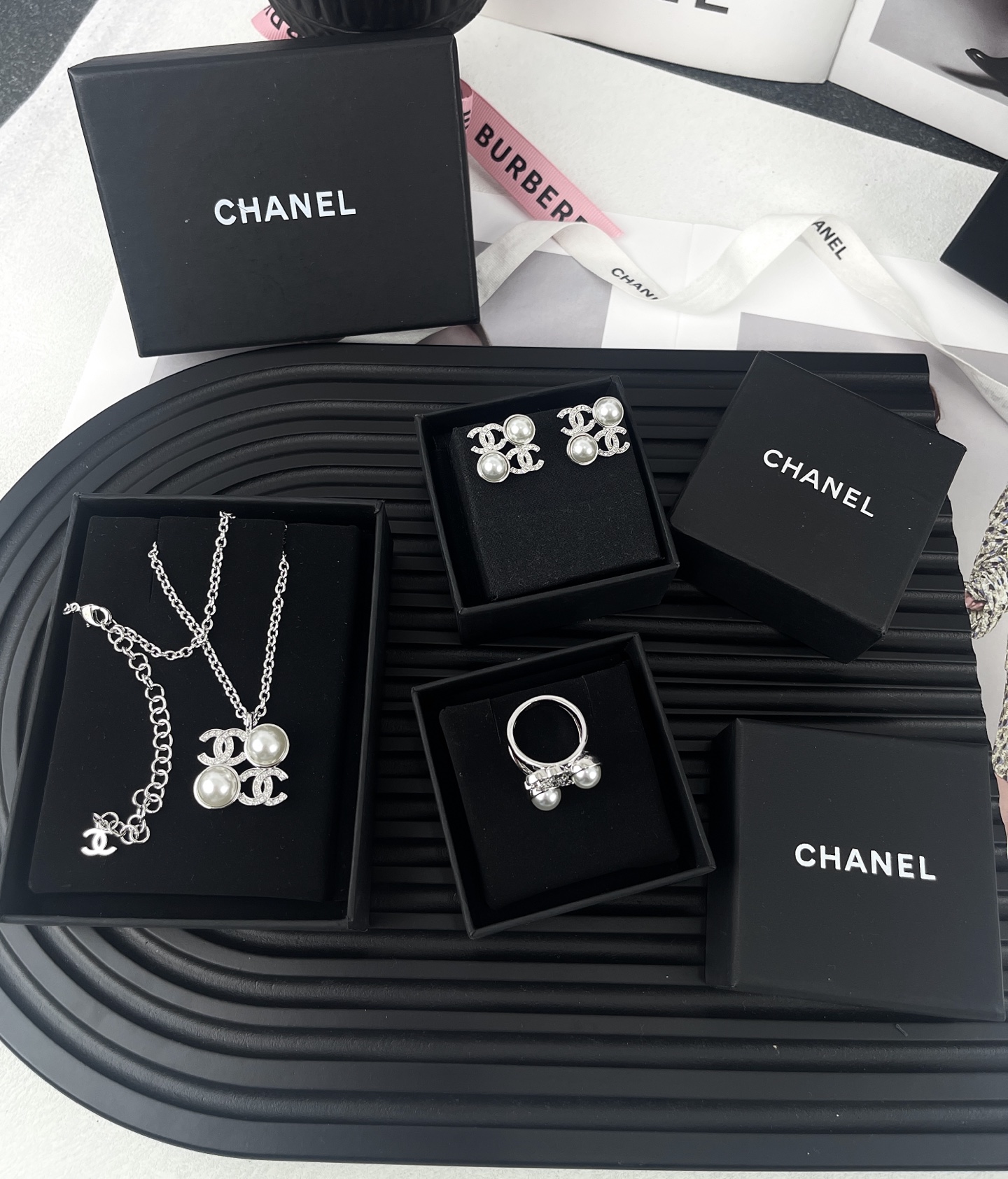 CHANEL Necklace Silver Double C Rhinestone Square Pearl
