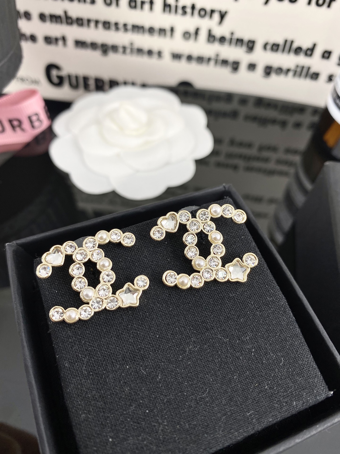 NO:104451,Xiaoxiang new style five-pointed star peach heart rhinestone pearl double c earrings, chanel earrings, chanel, earrings19860909小香新款 五角星桃心 水钻 珍珠 双c耳环,香奈儿耳钉,chanel,earrings,Jewelry