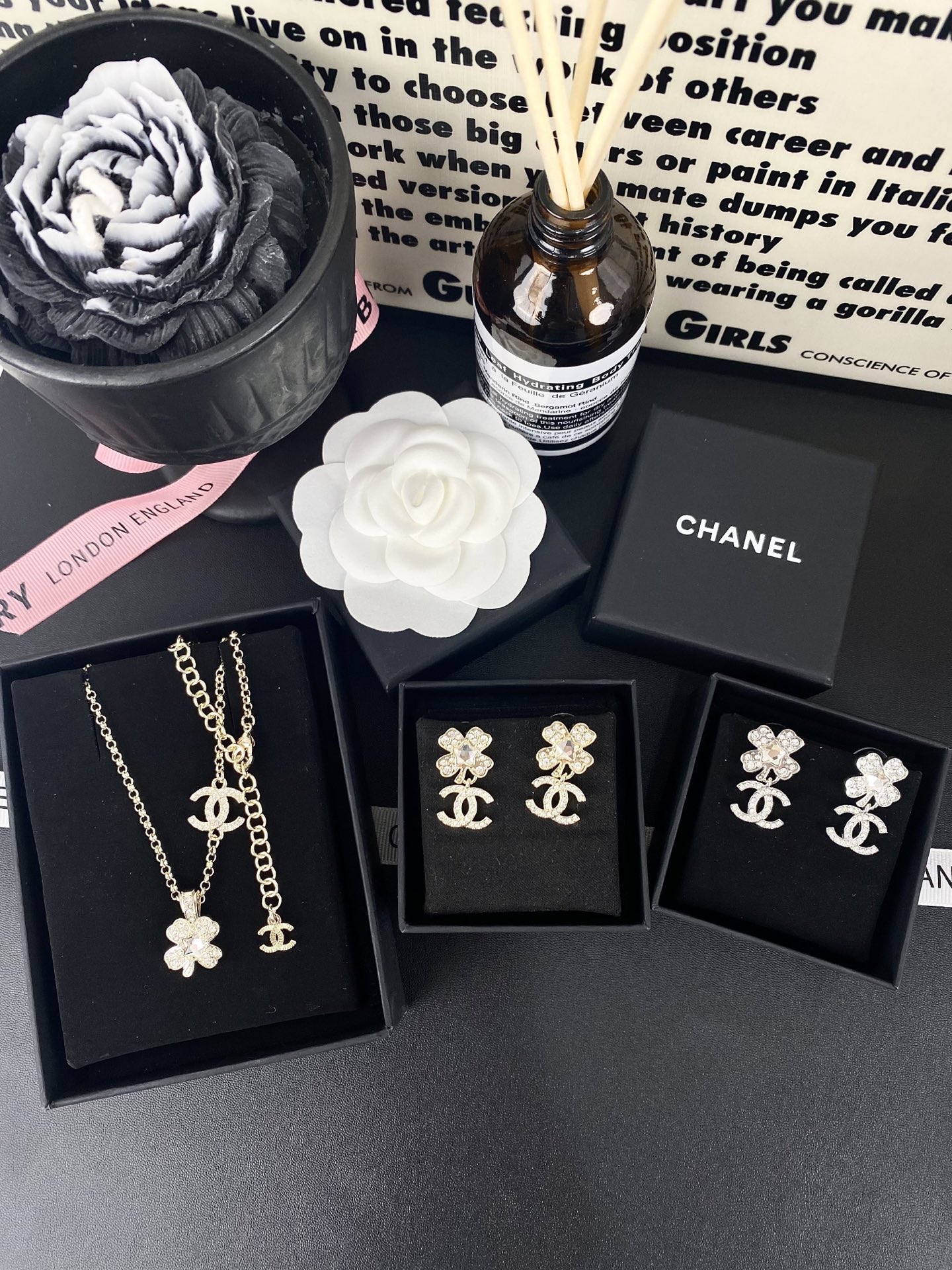 CHANEL Earrings Double C Four-Leaf Clover Diamond-Studded