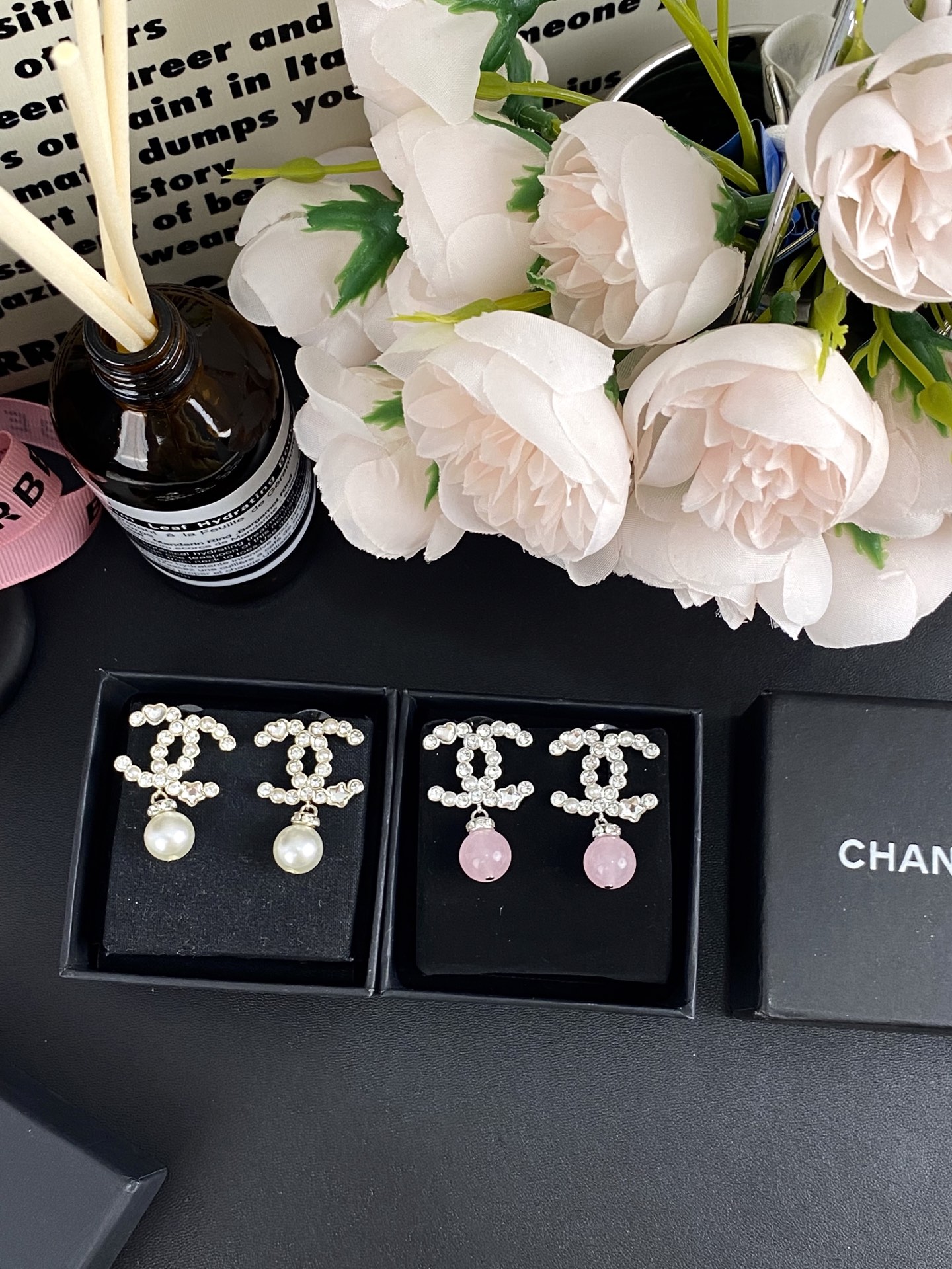 CHANEL Earrings Rhinestone Pearl Double C Star Heart