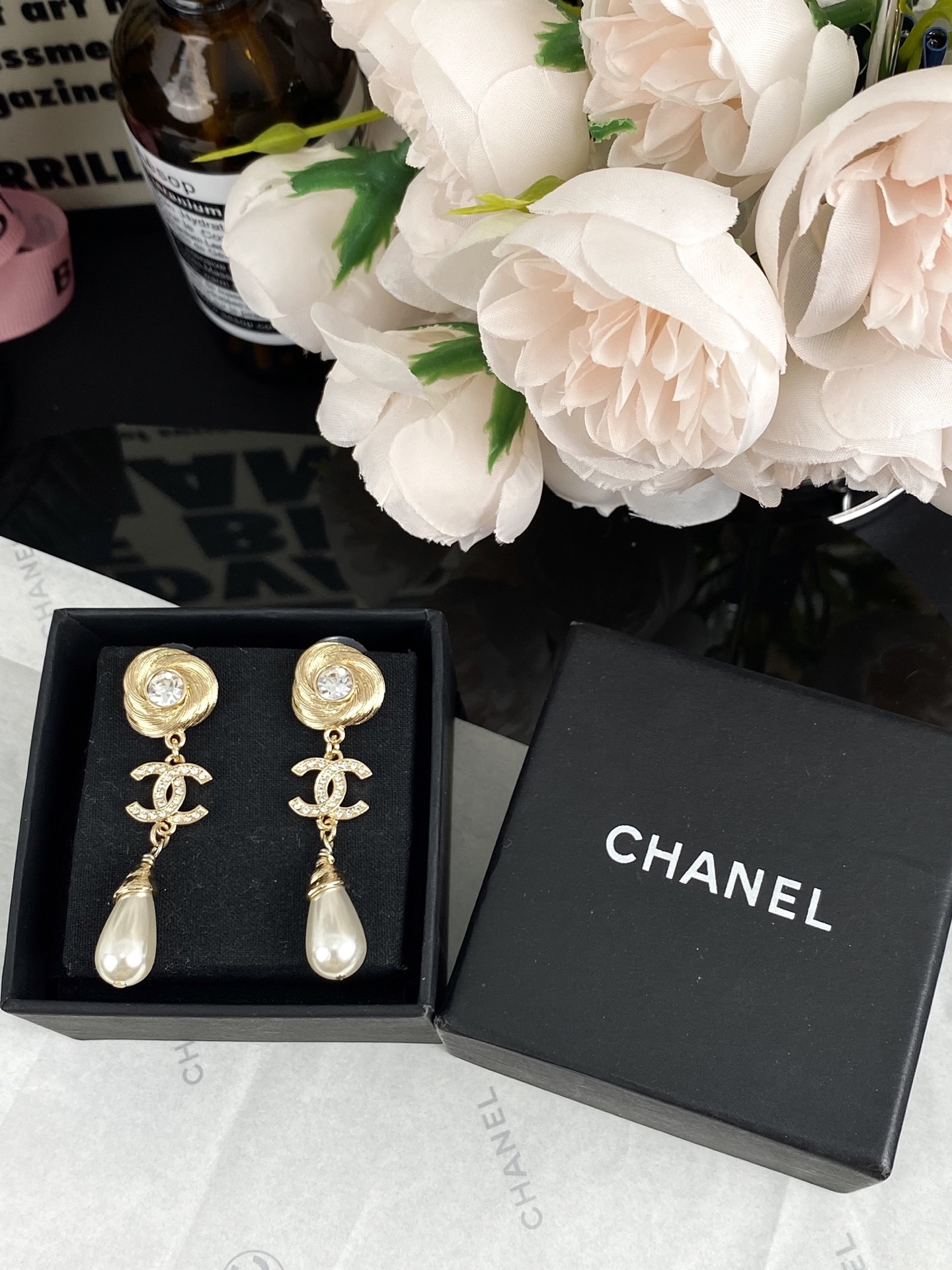 CHANEL Earrings Teardrop Pearl Pendant Full Pavé Letters