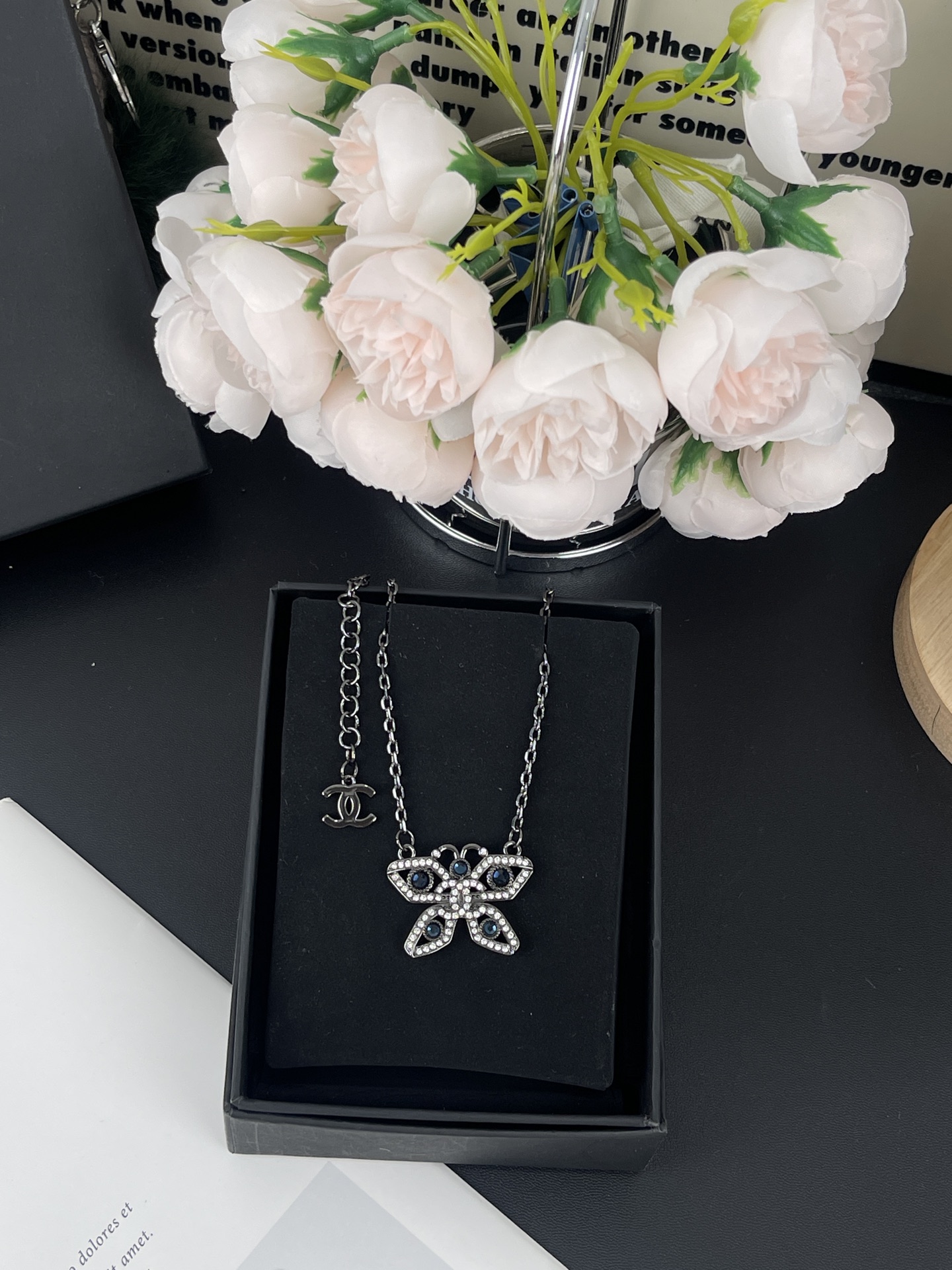 CHANEL Butterfly Cutout Necklace Black Round Stones