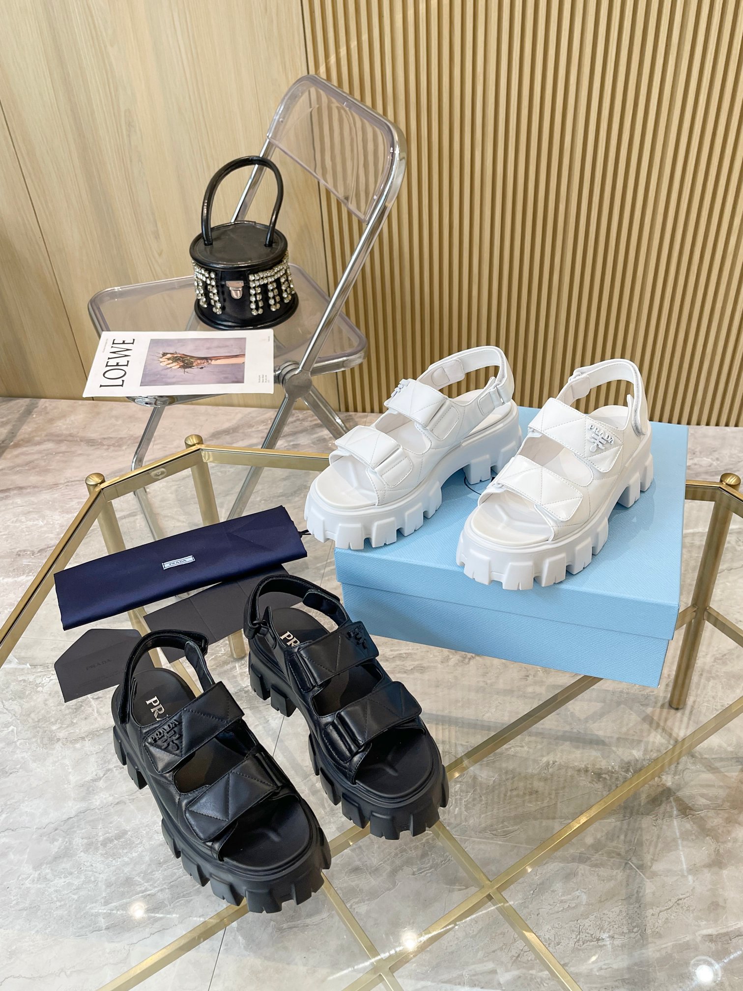 Prada Shoes Sandals Black White Sheepskin Summer Collection Fashion Beach