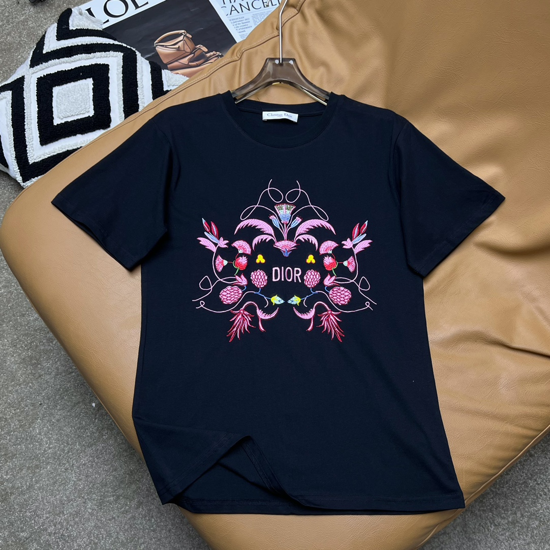 Dior Clothing T-Shirt Embroidery Cotton Knitting Spring/Summer Collection