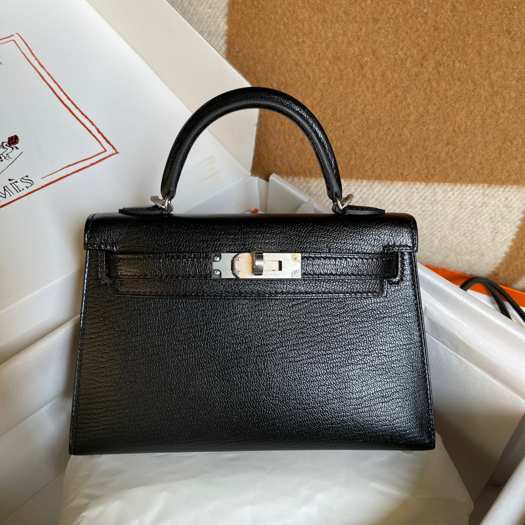 Hermès hermes mini Kelly second generation black goatskin silver buckle fully handmade wax thread