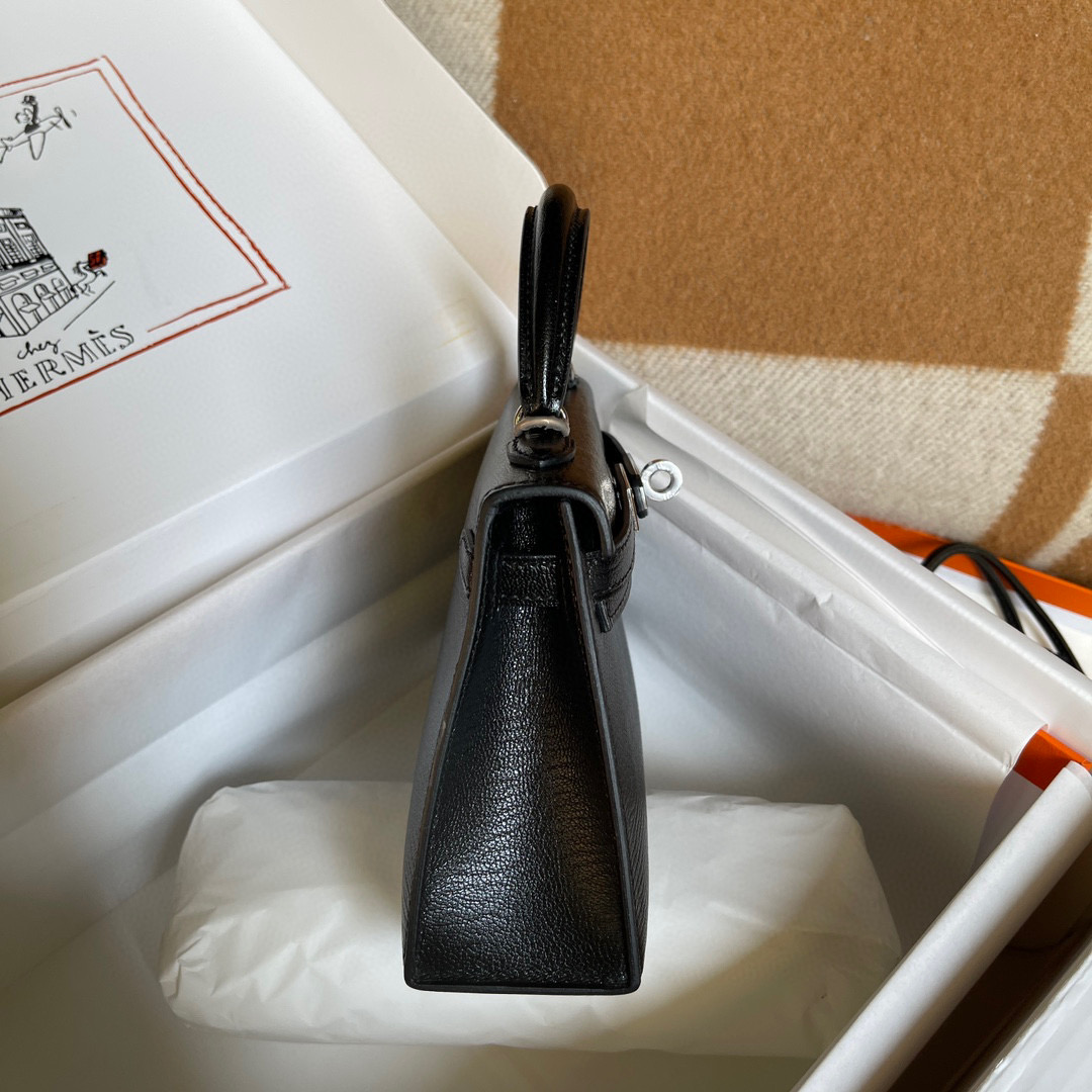 Hermès hermes mini Kelly second generation black goatskin silver buckle fully handmade wax thread