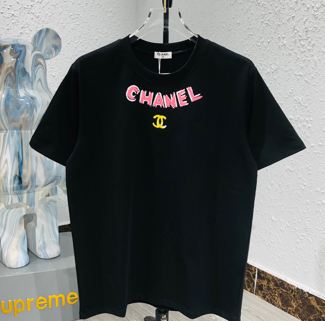 2023 AAA Replica uk 1st Copy
 Chanel Clothing T-Shirt Black White Unisex Cotton Short Sleeve