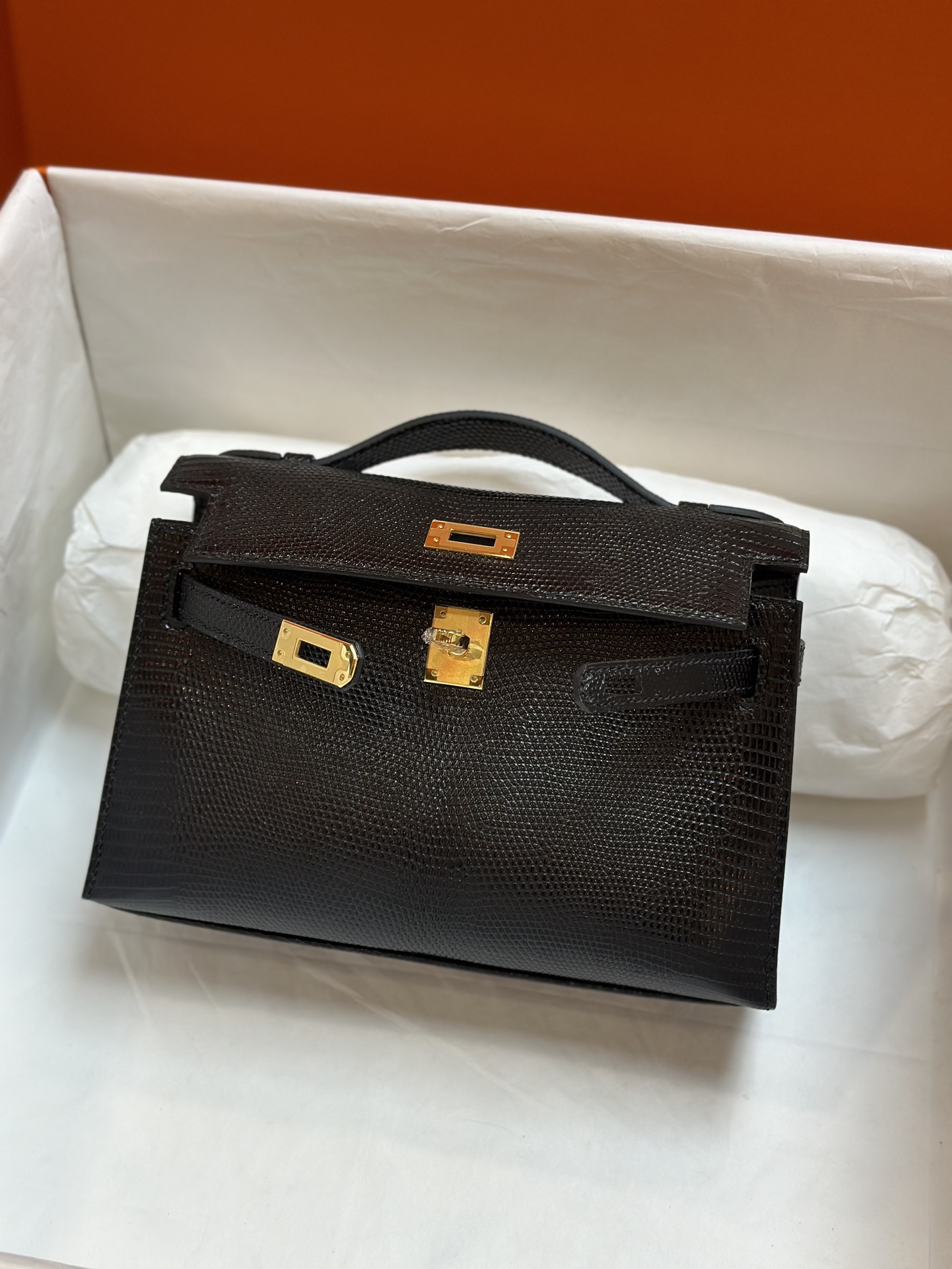 Kelly mini一代22CM.  进口蜥蜴皮  黑色  现货  顶级手缝蜡线 凯莉 迷你 
